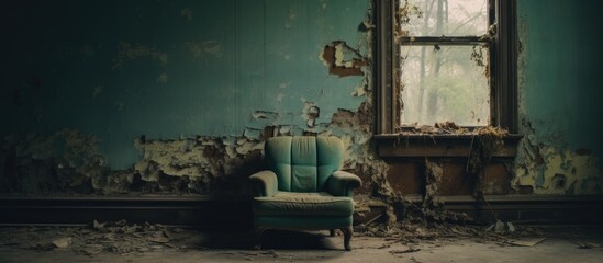A vibrant green chair rests in a deserted room near a window, overlooking a city skyline. The worn...