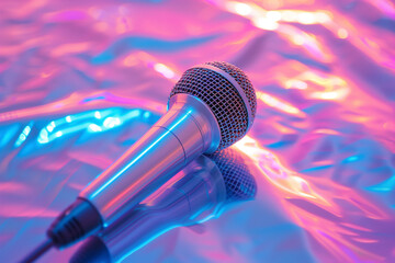 Dynamic Microphone on Colorful Holographic Background. Generative AI image