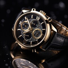 Men's luxury wrist watches on a black background. Close up.