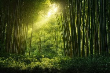 Bamboo grove, bamboo forest in a misty haze with the rays of the sun breaking through the foliage...