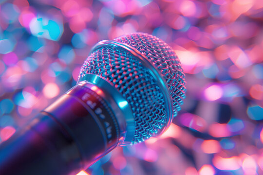 Dynamic microphone against a vibrant bokeh background. Generative AI image