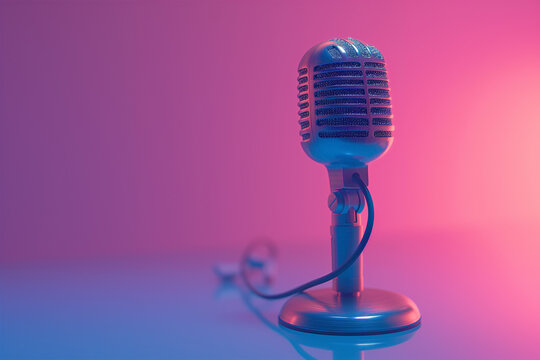 Retro microphone on colorful pink and blue background. Generative AI image