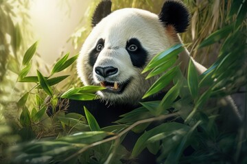Panda bear looking away with mouth open, eating a large chunk of Bamboo. Endangered Species Animal...