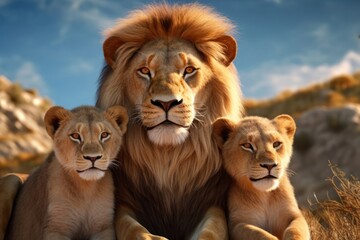 Close up portrait of a lion male and two cubs. Concept of wild animals in natural habitat. - Powered by Adobe