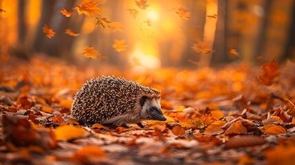 Hedgehog in its natural habitat with a blurred forest background for a serene setting