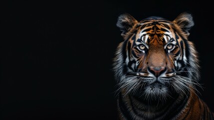 Majestic male tiger and playful cub pose together, empty space for text on left side