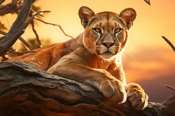 Fotobehang Beautiful Portrait of a Cougar. mountain lion, puma, panther taking a rest on a tree and looking at camera. Concept of wild animals in natural habitat. © Наиля Якубова