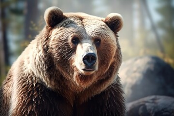 A close up portrait of a brown bear (Ursus arctos) looked at camera wild nature on a background....