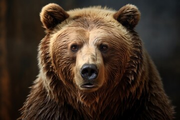 A close up portrait of a brown bear looked at camera wild nature on a background. Concept of wild animals in natural habitat.