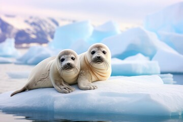 Two twins seals (Lobodon carcinophagus) on the Antarctic ice background. Concept of wild animals in...