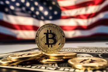 Golden Bitcoin coins on US dollar bills with flag backdrop. Generative AI image