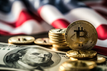 Bitcoin and US Dollar with American Flag Background. Generative AI image