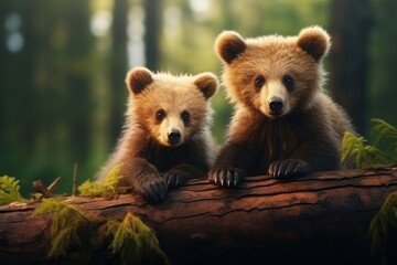 Portrait of two cute young brown bear cub are looking out of tree in the deep forest background....