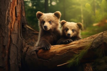 Portrait of two cute young brown bear cub in the forest. Concept of wild animals in natural habitat.