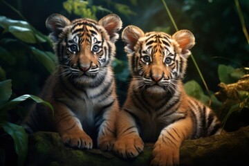 Portrait of two cute Amur tiger cub (panthera tigris) looking at camera. Concept of wild animals in natural habitat.