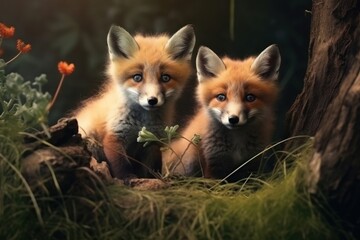 Two red fox cubs are looking out tree and posing on camera. Concept of wild animals in natural habitat. - obrazy, fototapety, plakaty