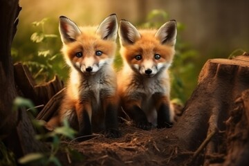 Two red fox cubs are looking out burrow and posing on camera. Concept of wild animals in natural habitat. - obrazy, fototapety, plakaty