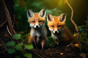Two red fox cubs are looking out green leaves and posing on camera. Concept of wild animals in natural habitat. - obrazy, fototapety, plakaty