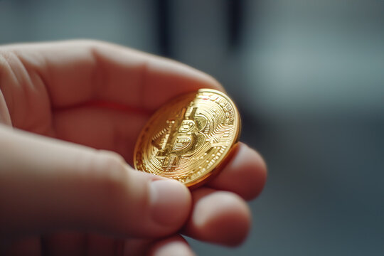Close-up of a hand holding a Bitcoin coin. Generative AI image