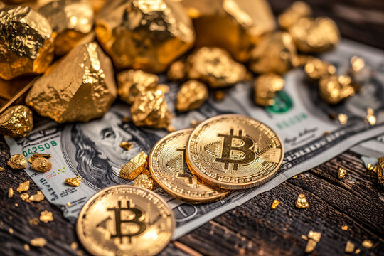Gold nuggets and Bitcoin coins on dollar bills. Generative AI image