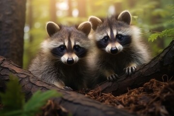 Two young Raccoon, Procyon lotor, hidden in the green vegetation. Concept of wild animals in...
