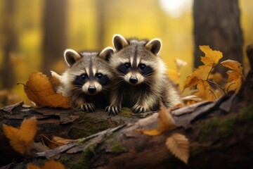 Two Raccoon cubs hidden in the green vegetation. Concept of wild animals in natural habitats.