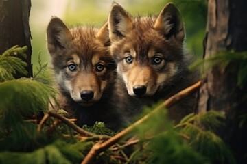 Portrait of two wolf cubs hidden in the green vegetation. Concept of wild animals in natural habitat. - obrazy, fototapety, plakaty