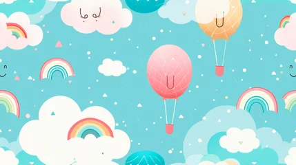 Photo sur Plexiglas Montgolfière Colorful hot air balloons and vibrant rainbows float across the sky in a pattern that evokes a cheerful and lively atmosphere, celebrating the joy of aerial adventure. Banner. Copy space.