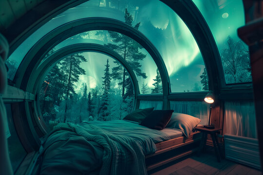 Fototapeta Cozy bedroom view of the enchanting Northern Lights, Generative AI image