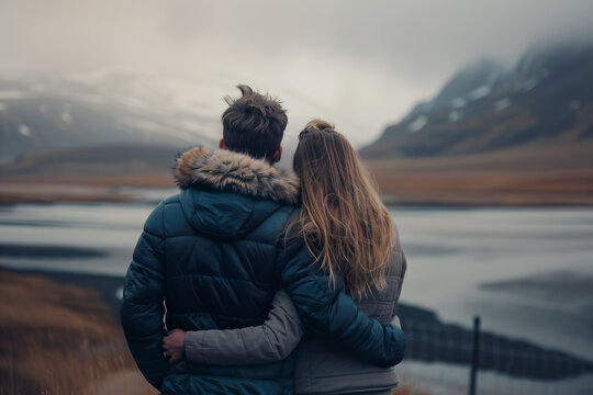 Couple Embracing in Wild Landscape, Generative AI