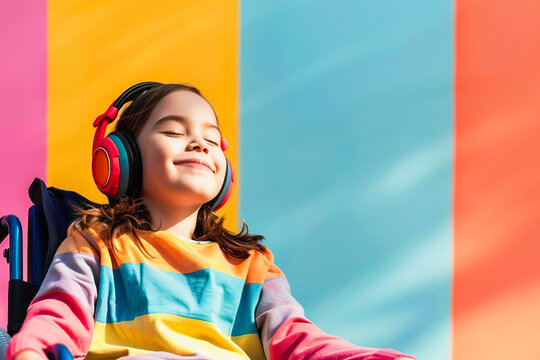 A content child with closed eyes savors the melody through headphones, seated in a wheelchair against a striped backdrop . Generative AI