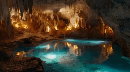 Enchanting Crystal-Lit Underground Cave, light, geological formations, beauty, spelunking