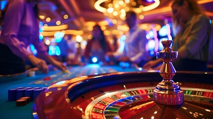 Vibrant Casino Gaming Scene, bustling, casino floor, people, roulette - obrazy, fototapety, plakaty