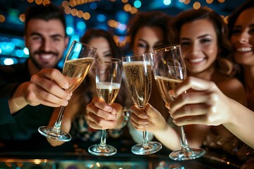 Celebrating Big Win at Casino, friends, champagne glasses, joy, festive atmosphere