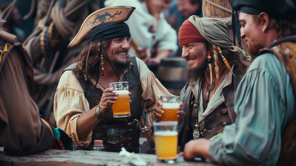 Pirates with Hat and Beard Drinking Beer and Laughing on a Ship - obrazy, fototapety, plakaty