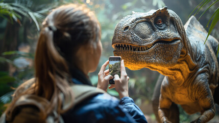 Kobieta próbuje zrobić zdjęcie dinozaurowi