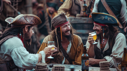 Pirates with Hat and Beard Drinking Beer and Laughing on a Ship