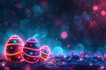 Colorful glowing neon Easter eggs hiding on the grass. Spring christianity religion holiday....