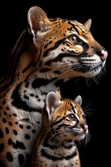 Male ocelot and kitten portrait with text space, object on side for creative design use
