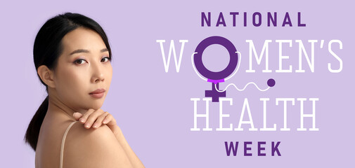 Beautiful young Asian woman with healthy skin on  lilac background