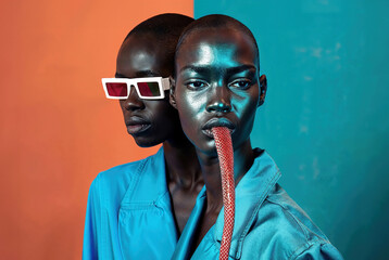 Two Black women with sunglasses and a snake in their mouths. Generative AI