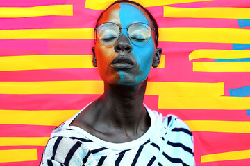 Woman With Painted Face Against Colorful Background. Generative AI