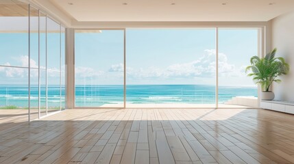Modern living room with wooden floor and empty wall with beach view background. AI generated image