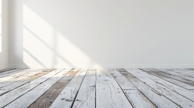 Empty white concrete wall room with wooden floor copy space background. AI generated image