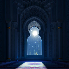 Ornamental Arabic lantern with burning candle glowing at night. Festive greeting card, invitation for Muslim holy month Ramadan Kareem.