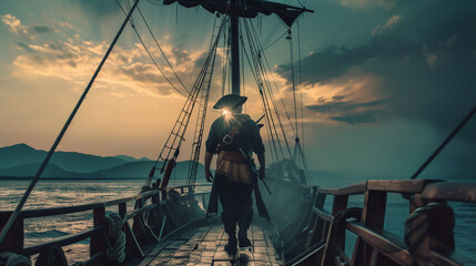 Pirate with Hat on Ship on The Sea at Sunset or Sunrise