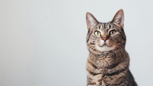 Portrait of tabby cat sitting looking at the camera on a white background,Copy space. generative AI