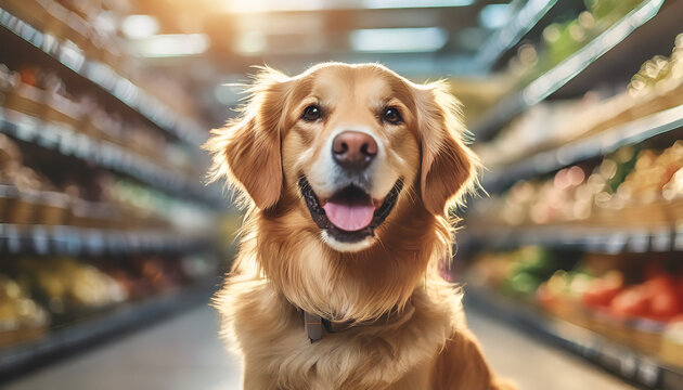 Happy smiling dog at supermarket. Pet friendly concept.

