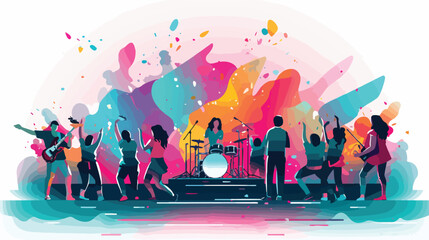 A live band performing on stage with colorful light - obrazy, fototapety, plakaty