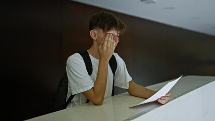 A stressed teenager with a paper at university appears overwhelmed or anxious, embodying a common academic scenario.